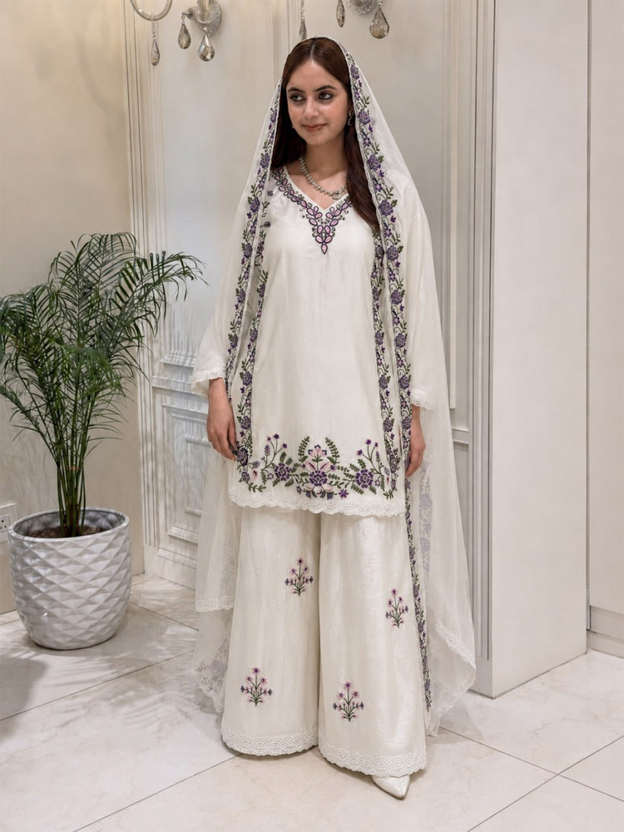 White Fendy Silk Embroidery Sequins Wedding Party Festival Casual Ready Palazzo Pant Salwar Kameez
