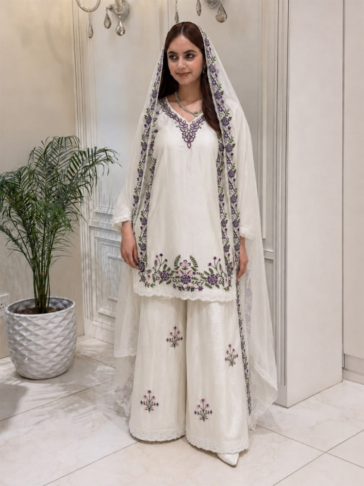 Image of White Fendy Silk Embroidery Sequins Wedding Party Festival Casual Ready Palazzo Pant Salwar Kameez