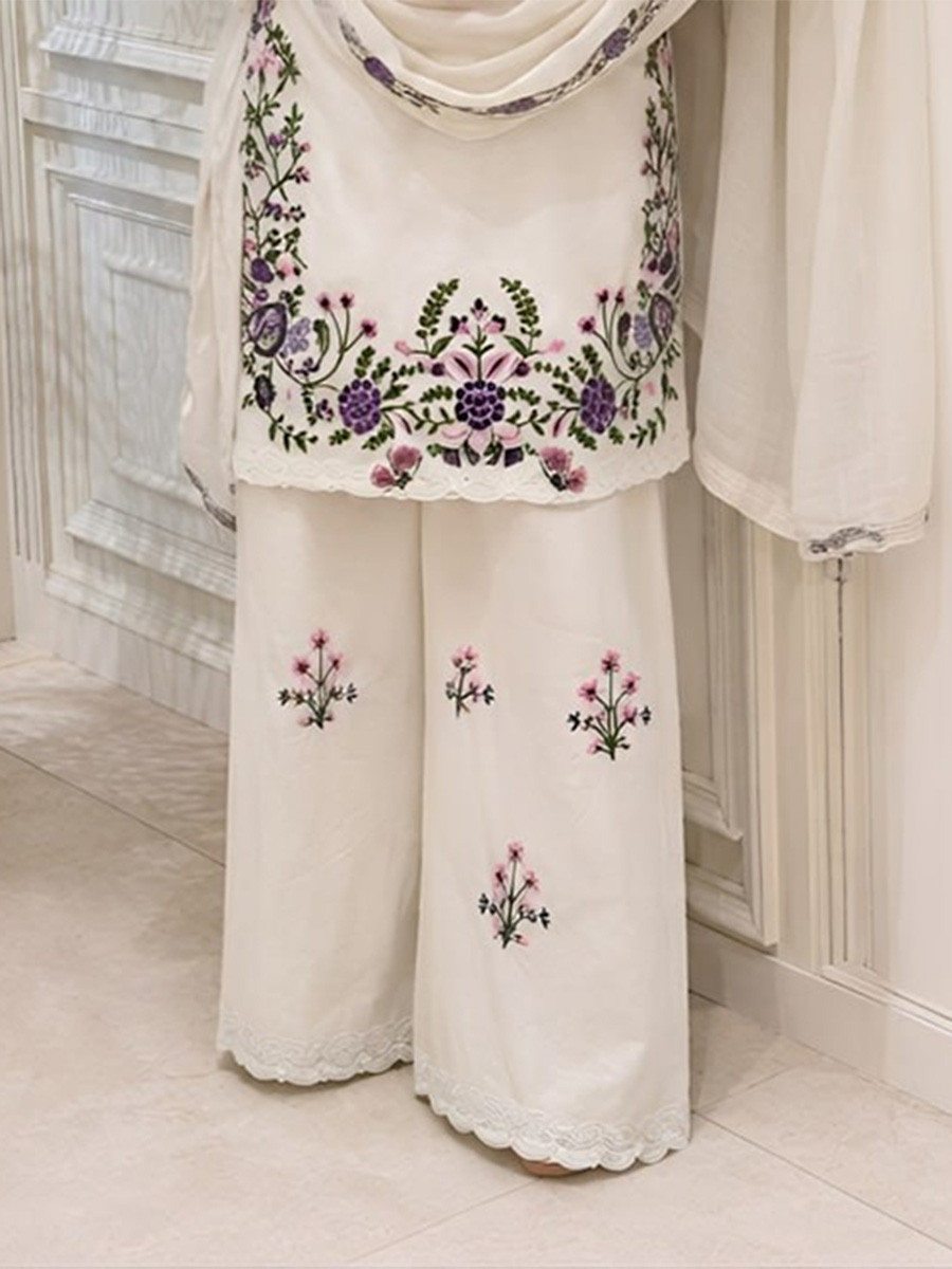 White Fendy Silk Embroidery Sequins Wedding Party Festival Casual Ready Palazzo Pant Salwar Kameez