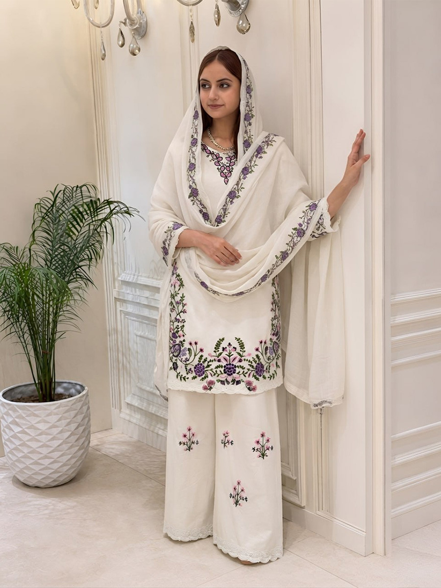 White Fendy Silk Embroidery Sequins Wedding Party Festival Casual Ready Palazzo Pant Salwar Kameez