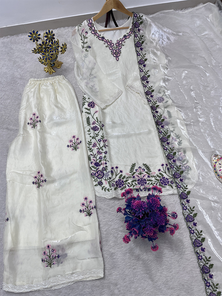 White Fendy Silk Embroidery Sequins Wedding Party Festival Casual Ready Palazzo Pant Salwar Kameez