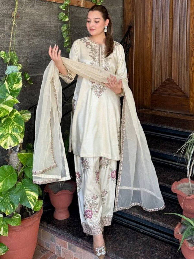 Image of White French Crepe Embroidery Wedding Party Festival Casual Ready Palazzo Palazzo Pant Salwar Kameez