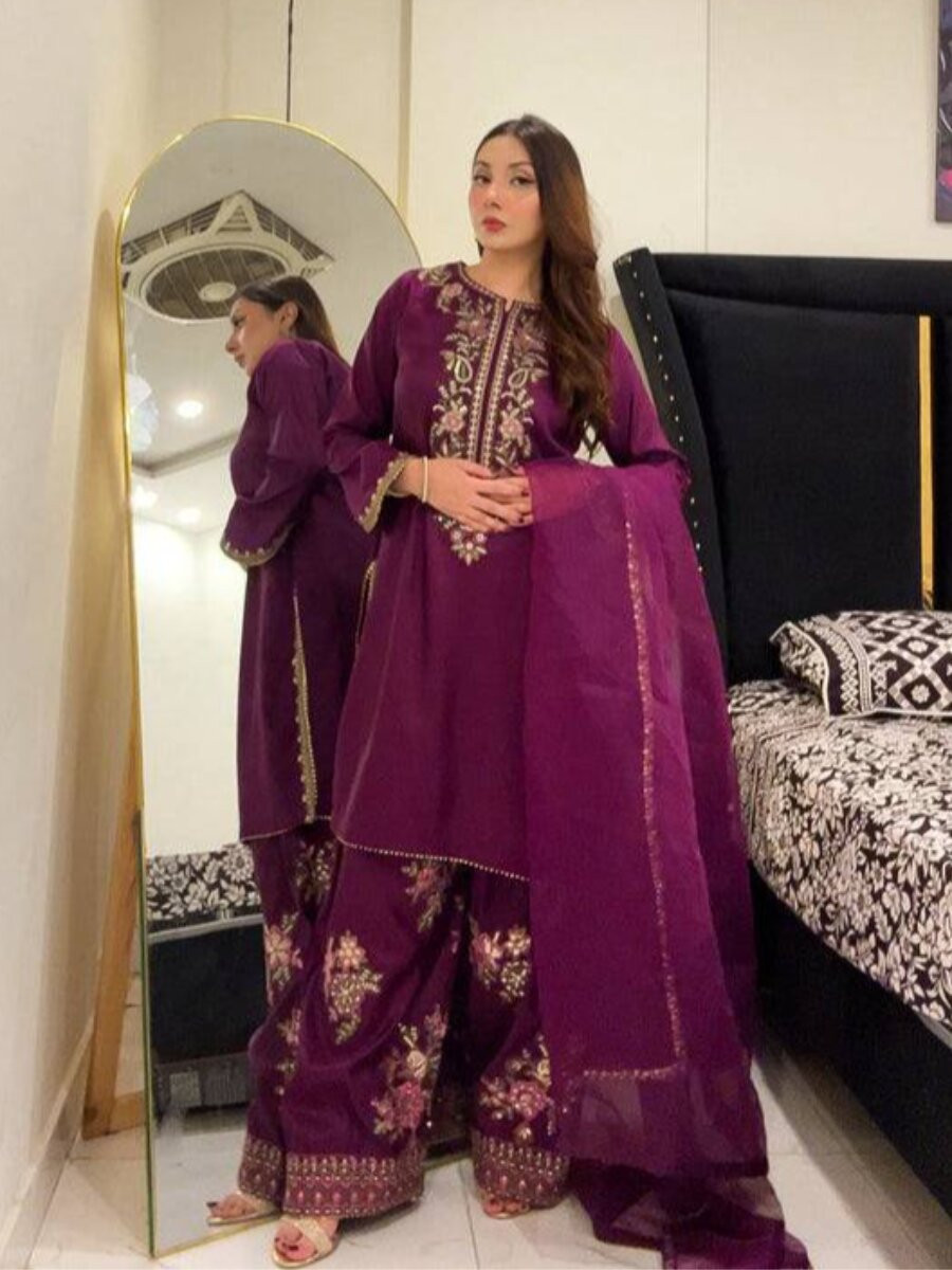 White French Crepe Embroidery Wedding Party Festival Casual Ready Palazzo Pant Salwar Kameez