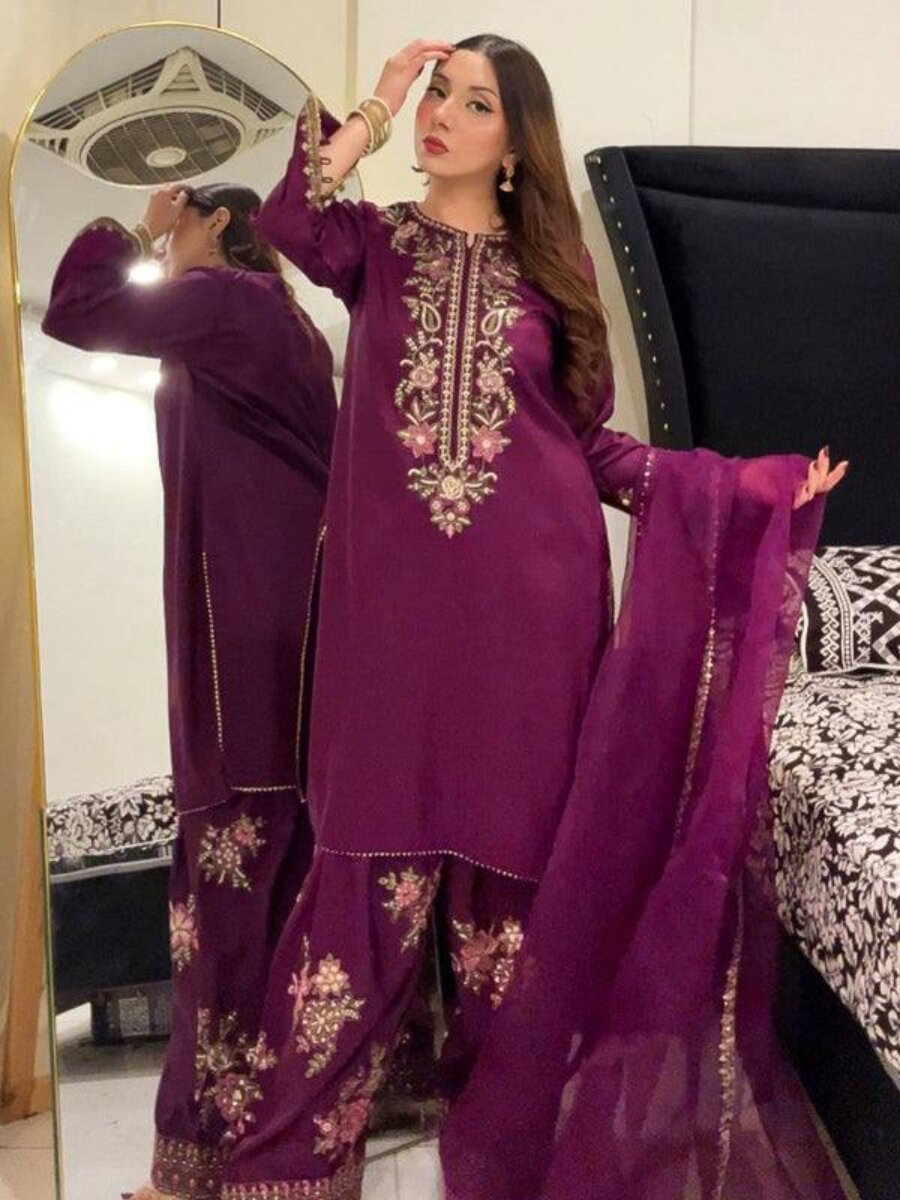 White French Crepe Embroidery Wedding Party Festival Casual Ready Palazzo Pant Salwar Kameez