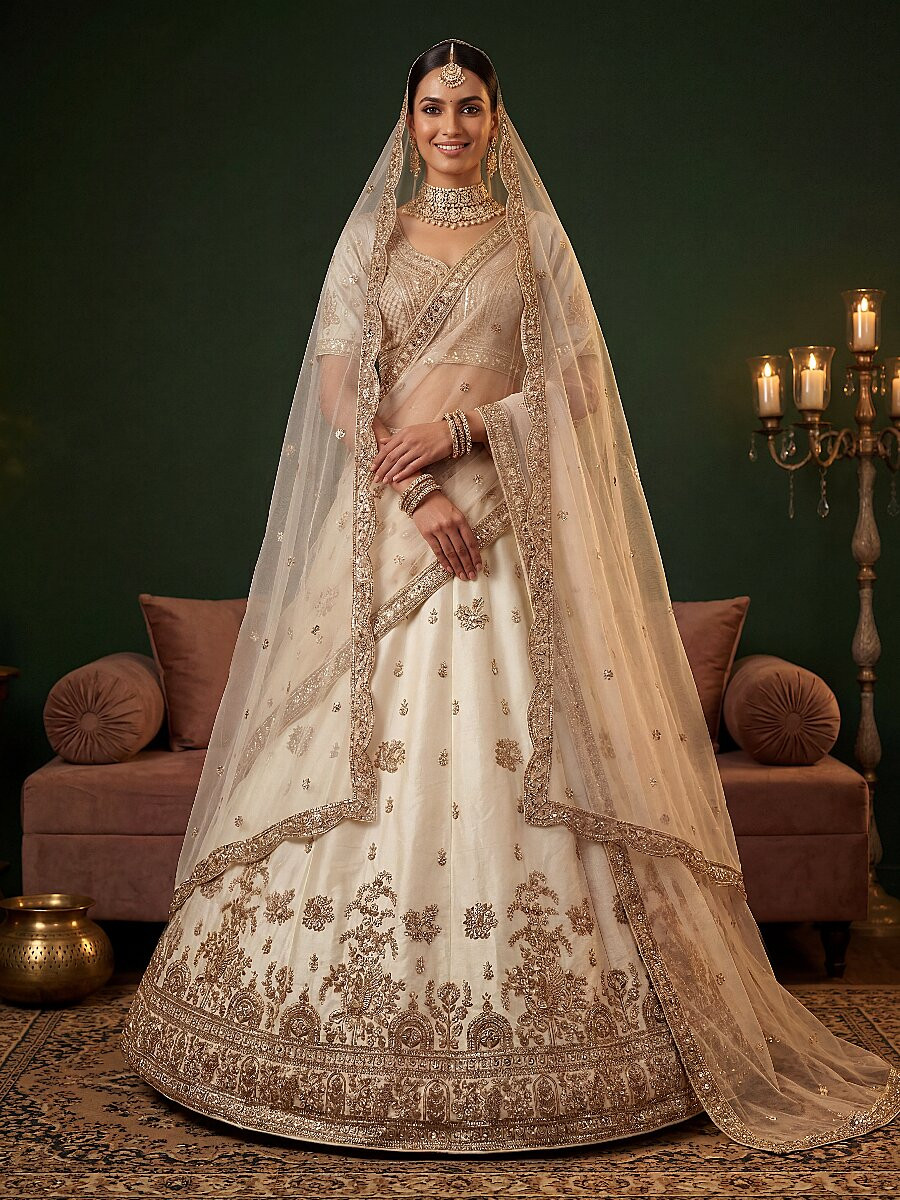 White Gadhwal Silk Embroidery Sequins Zari Wedding Reception Party Bridal Heavy Border Lehenga Choli