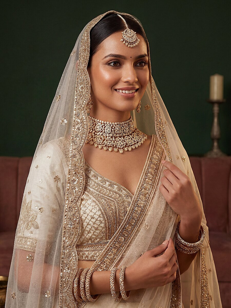 White Gadhwal Silk Embroidery Sequins Zari Wedding Reception Party Bridal Heavy Border Lehenga Choli