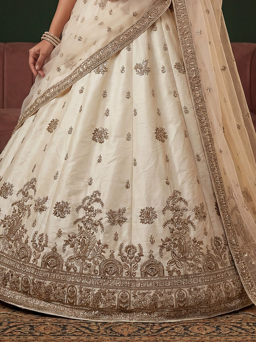White Gadhwal Silk Embroidery Sequins Zari Wedding Reception Party Bridal Heavy Border Lehenga Choli