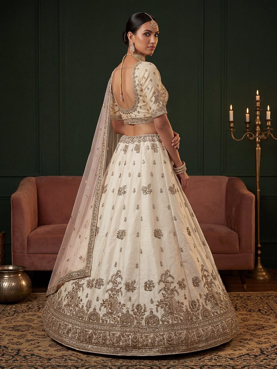 White Gadhwal Silk Embroidery Sequins Zari Wedding Reception Party Bridal Heavy Border Lehenga Choli