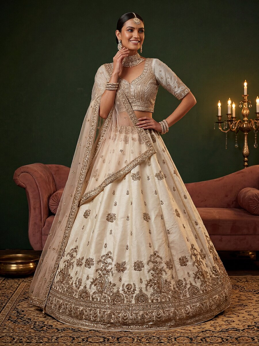 White Gadhwal Silk Embroidery Sequins Zari Wedding Reception Party Bridal Heavy Border Lehenga Choli
