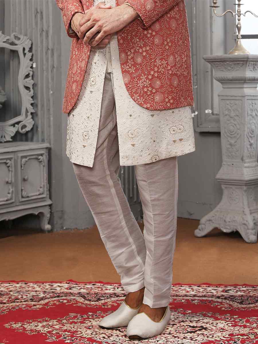 White Gajri Red Lukhnavi Embroidered Wedding Groom Sherwani