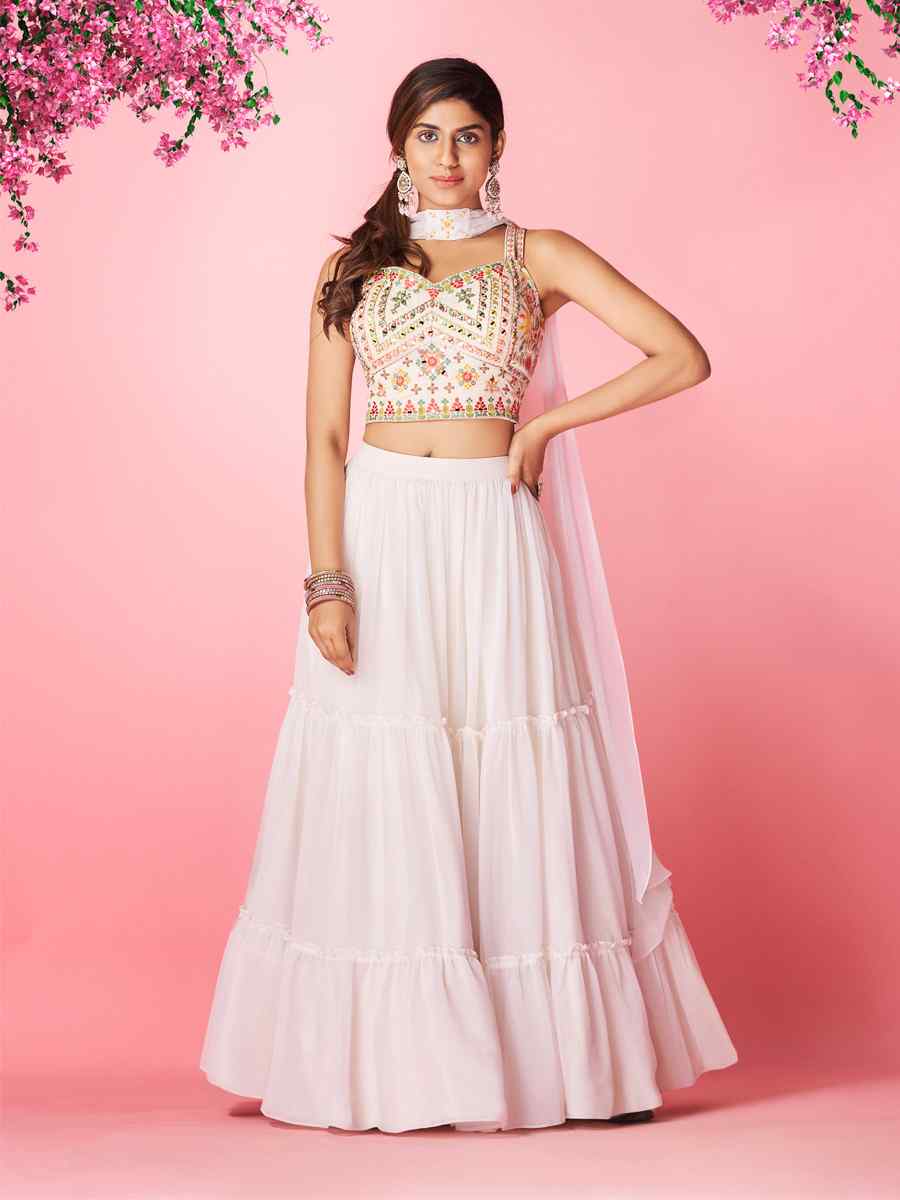 White Georgette Chiffon Embroidered Party Wear Circular Lehenga Choli