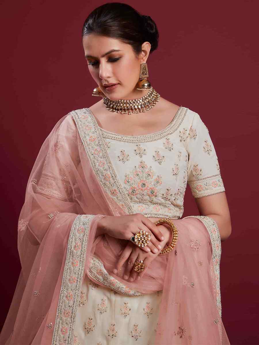 White Georgette Embroidered Bridal Wedding Heavy Border Lehenga Choli