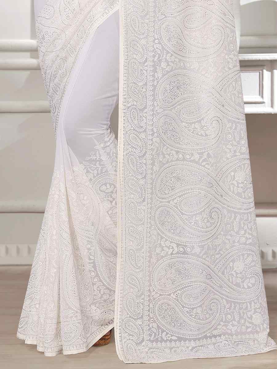 White Georgette Embroidered Bridesmaid Reception Heavy Border Saree