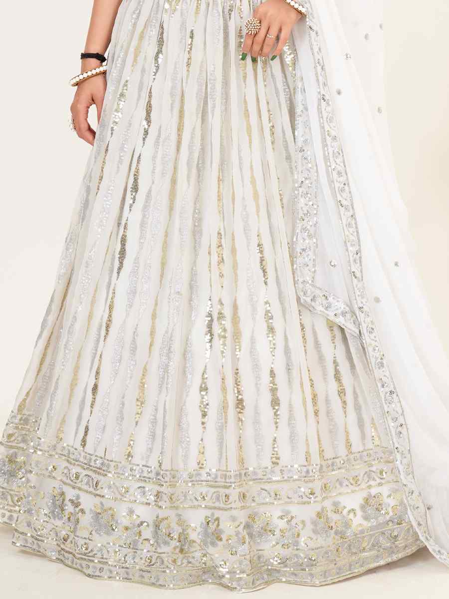 White Georgette Embroidered Bridesmaid Wedding Heavy Border Lehenga Choli