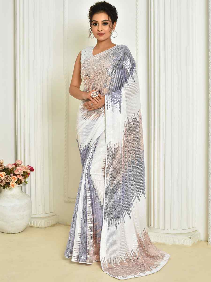 White Georgette Embroidered Cocktail Festival Classic Style Saree