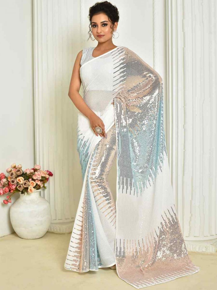 White Georgette Embroidered Cocktail Festival Classic Style Saree