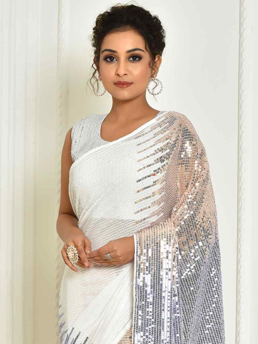 White Georgette Embroidered Cocktail Festival Classic Style Saree