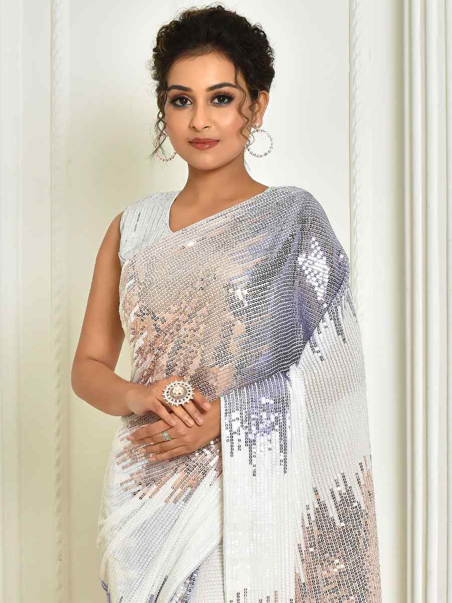 White Georgette Embroidered Cocktail Festival Classic Style Saree