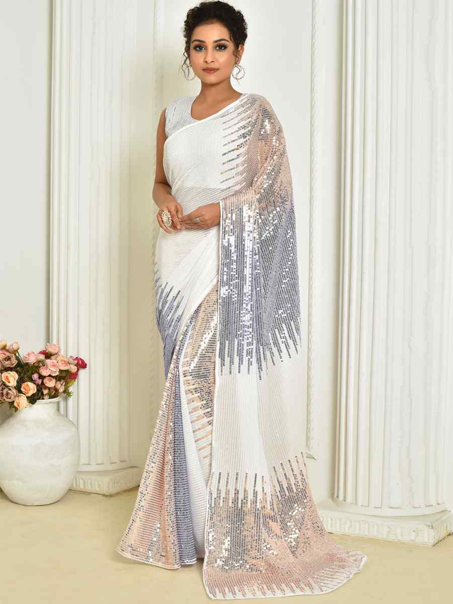 White Georgette Embroidered Cocktail Festival Classic Style Saree