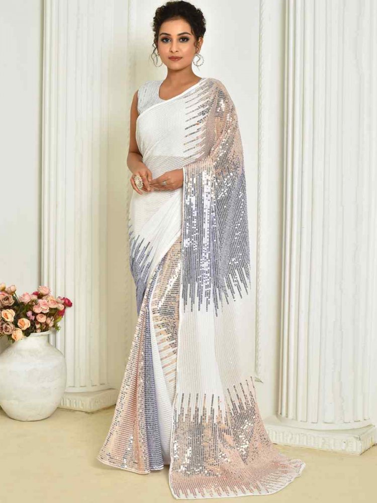 White Georgette Embroidered Cocktail Festival Classic Style Saree