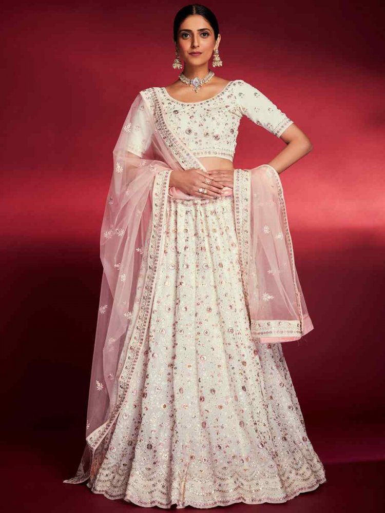 White Georgette Embroidered Engagement Wedding Heavy Border Lehenga Choli