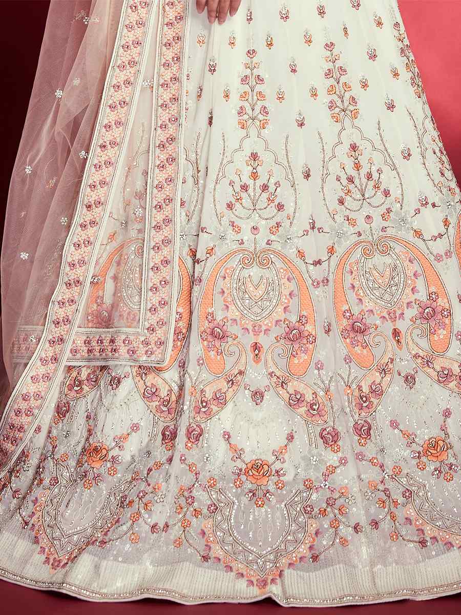 White Georgette Embroidered Engagement Wedding Heavy Border Lehenga Choli