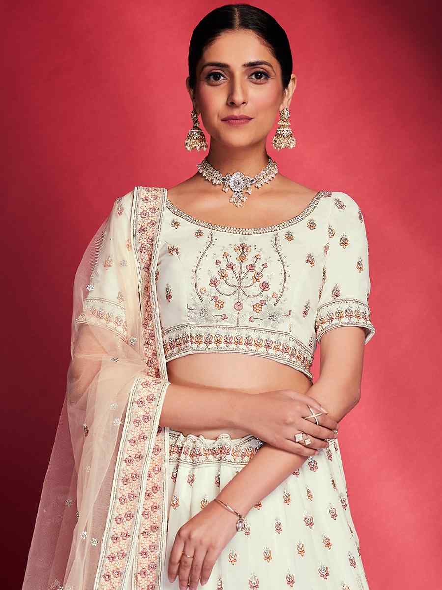 White Georgette Embroidered Engagement Wedding Heavy Border Lehenga Choli