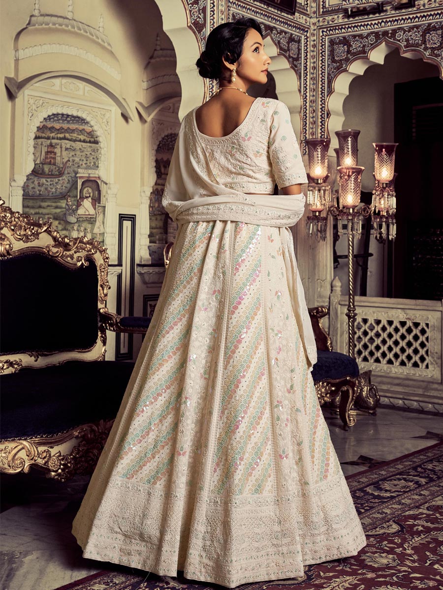 White Georgette Embroidered Engagement Wedding Heavy Border Lehenga Choli