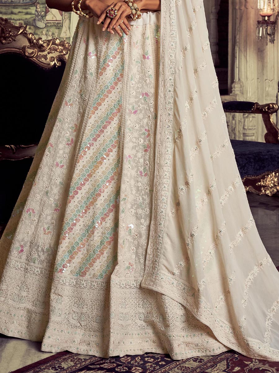 White Georgette Embroidered Engagement Wedding Heavy Border Lehenga Choli