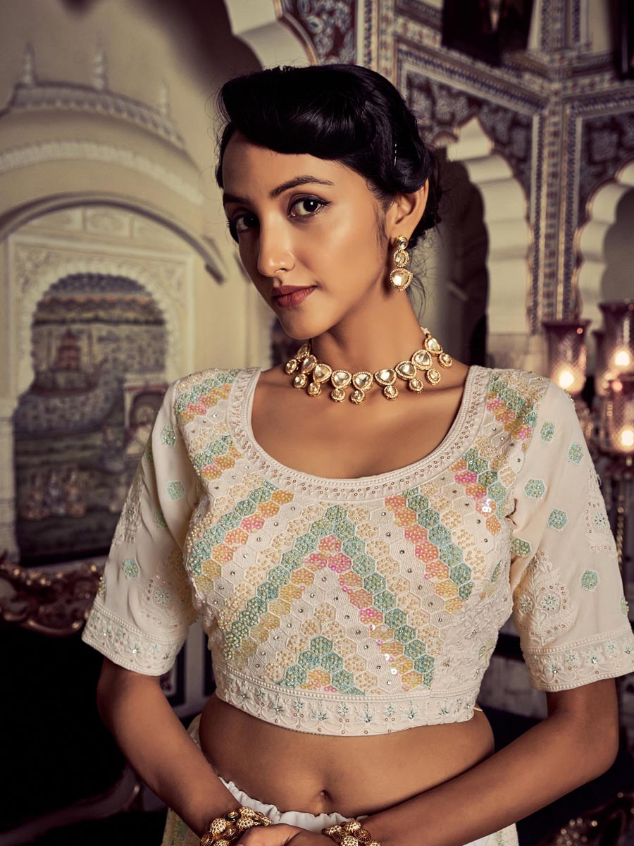 White Georgette Embroidered Engagement Wedding Heavy Border Lehenga Choli