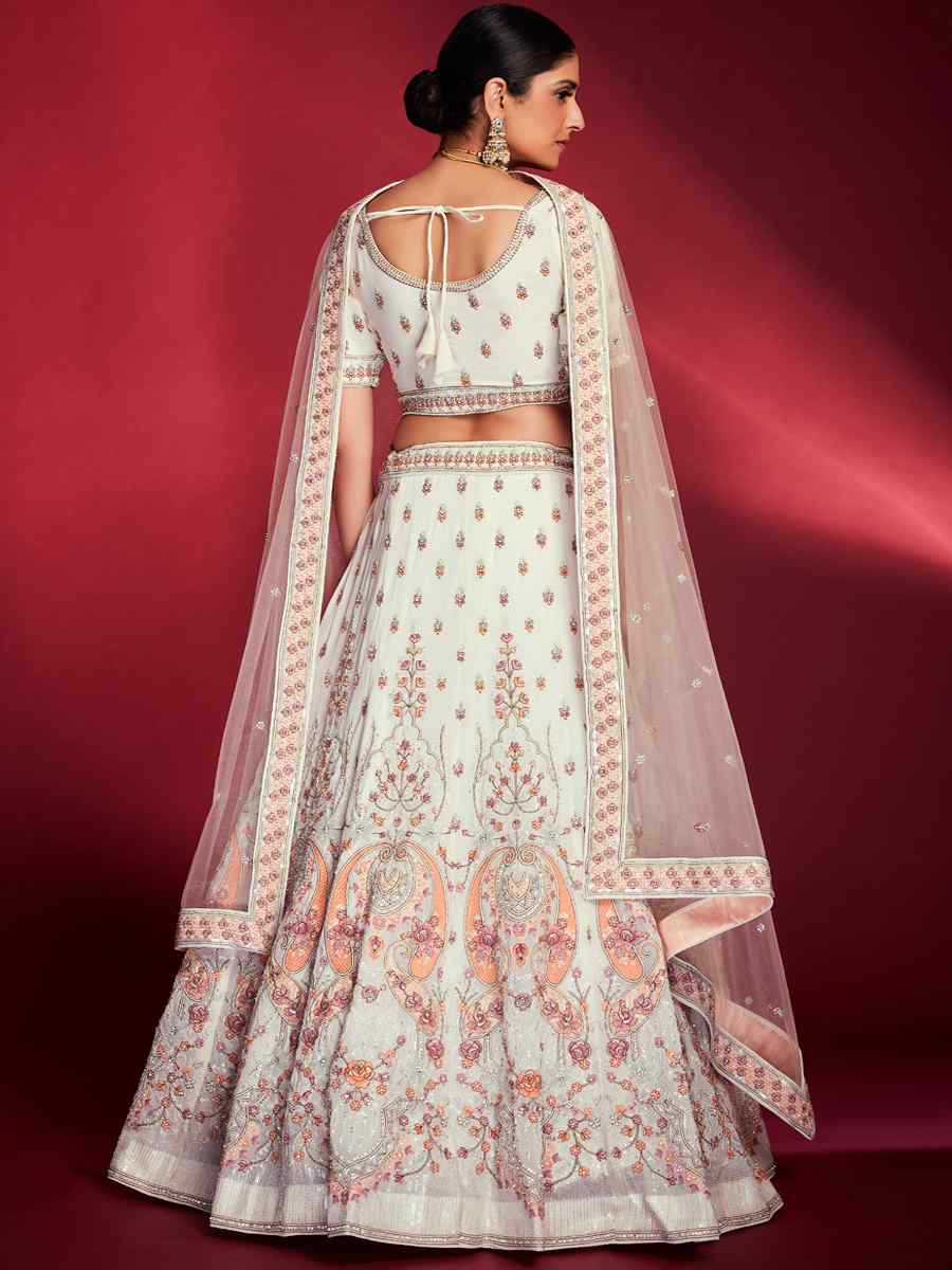 White Georgette Embroidered Engagement Wedding Heavy Border Lehenga Choli