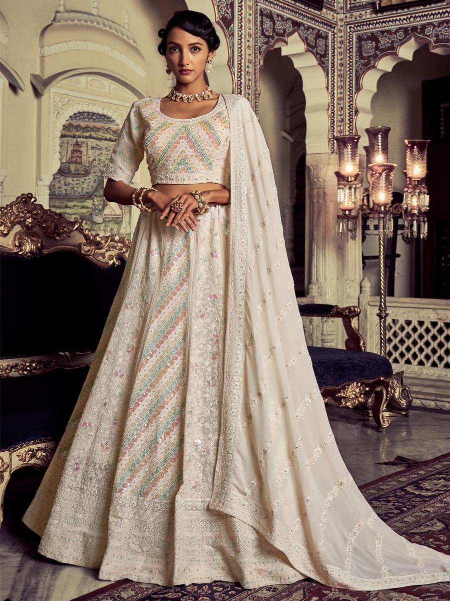 White Georgette Embroidered Engagement Wedding Heavy Border Lehenga Choli