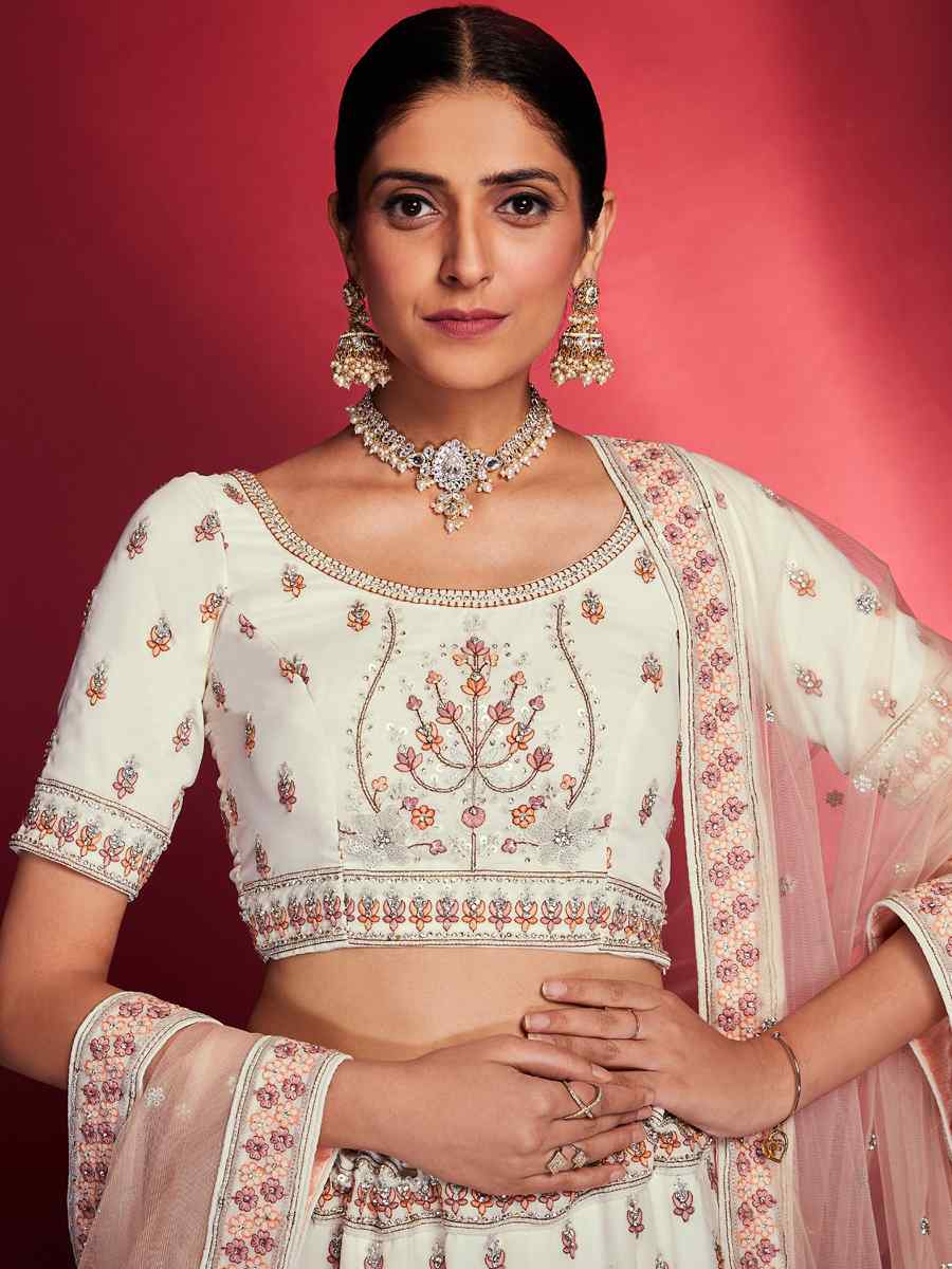 White Georgette Embroidered Engagement Wedding Heavy Border Lehenga Choli