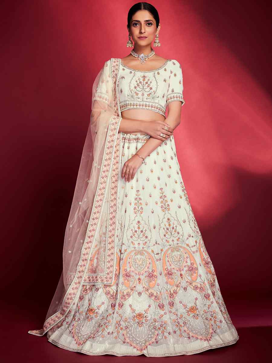 White Georgette Embroidered Engagement Wedding Heavy Border Lehenga Choli