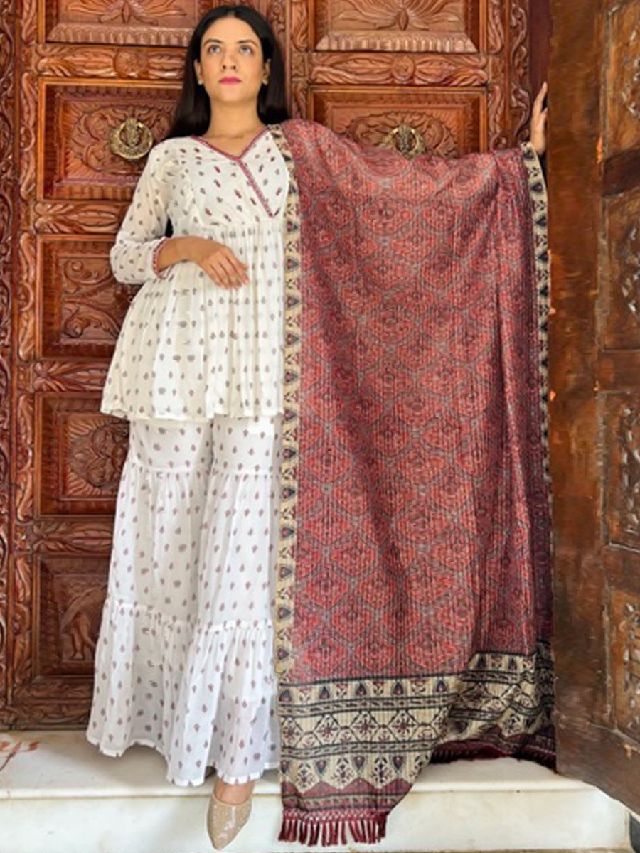 White Georgette Embroidered Festival Casual Ready Palazzo Pant Salwar Kameez