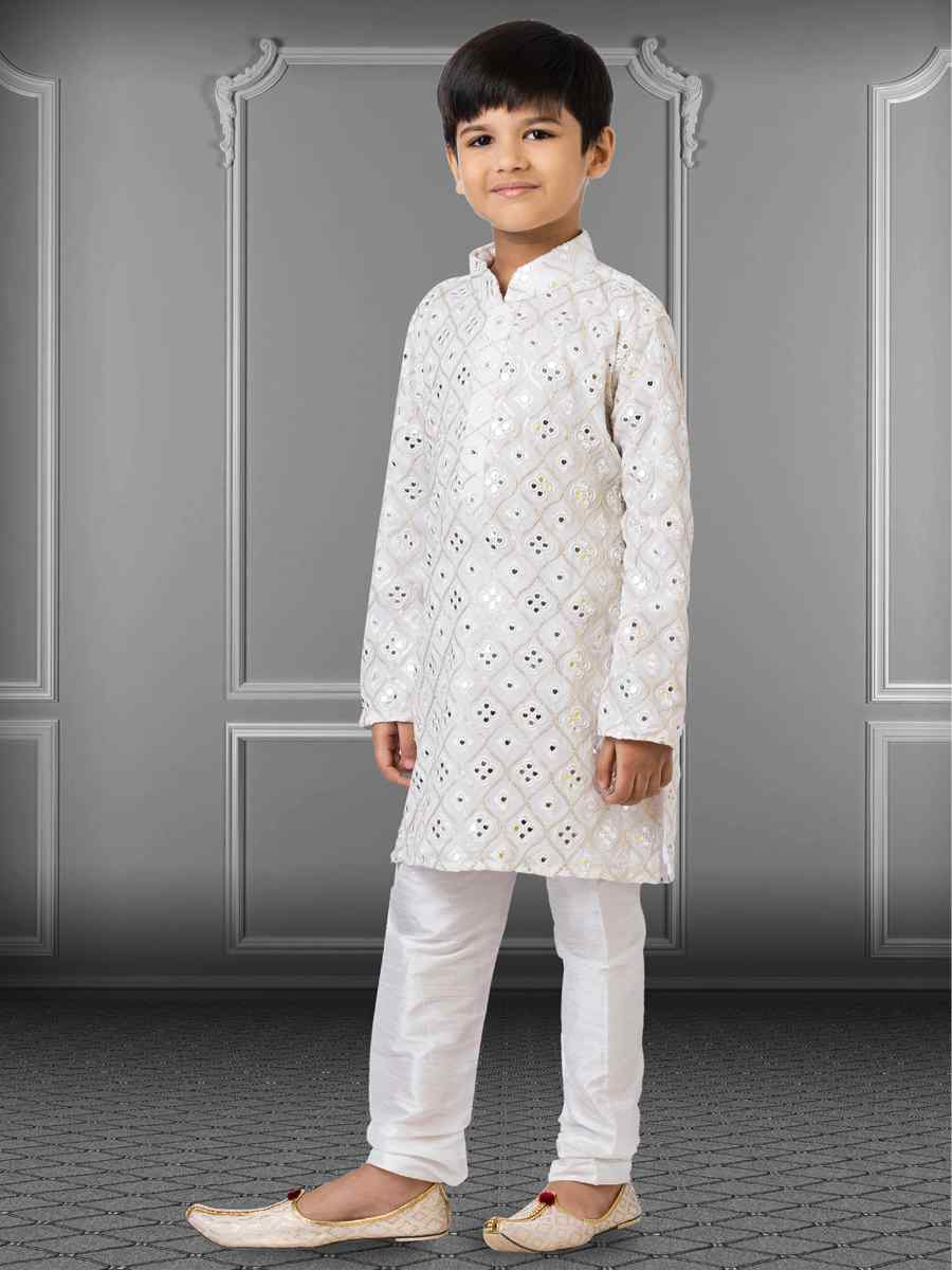 White Georgette Embroidered Festival Kurta Pyjama Boys Wear