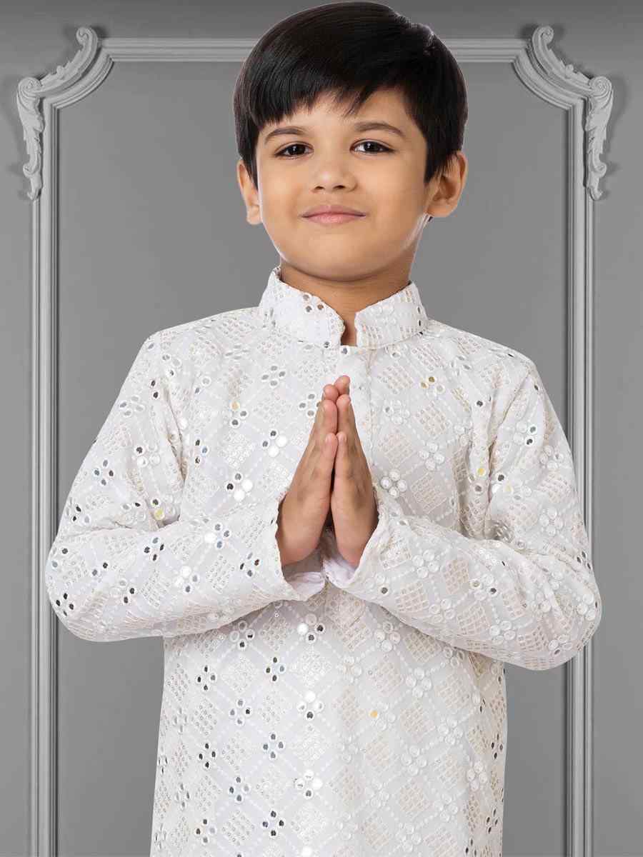 White Georgette Embroidered Festival Kurta Pyjama Boys Wear