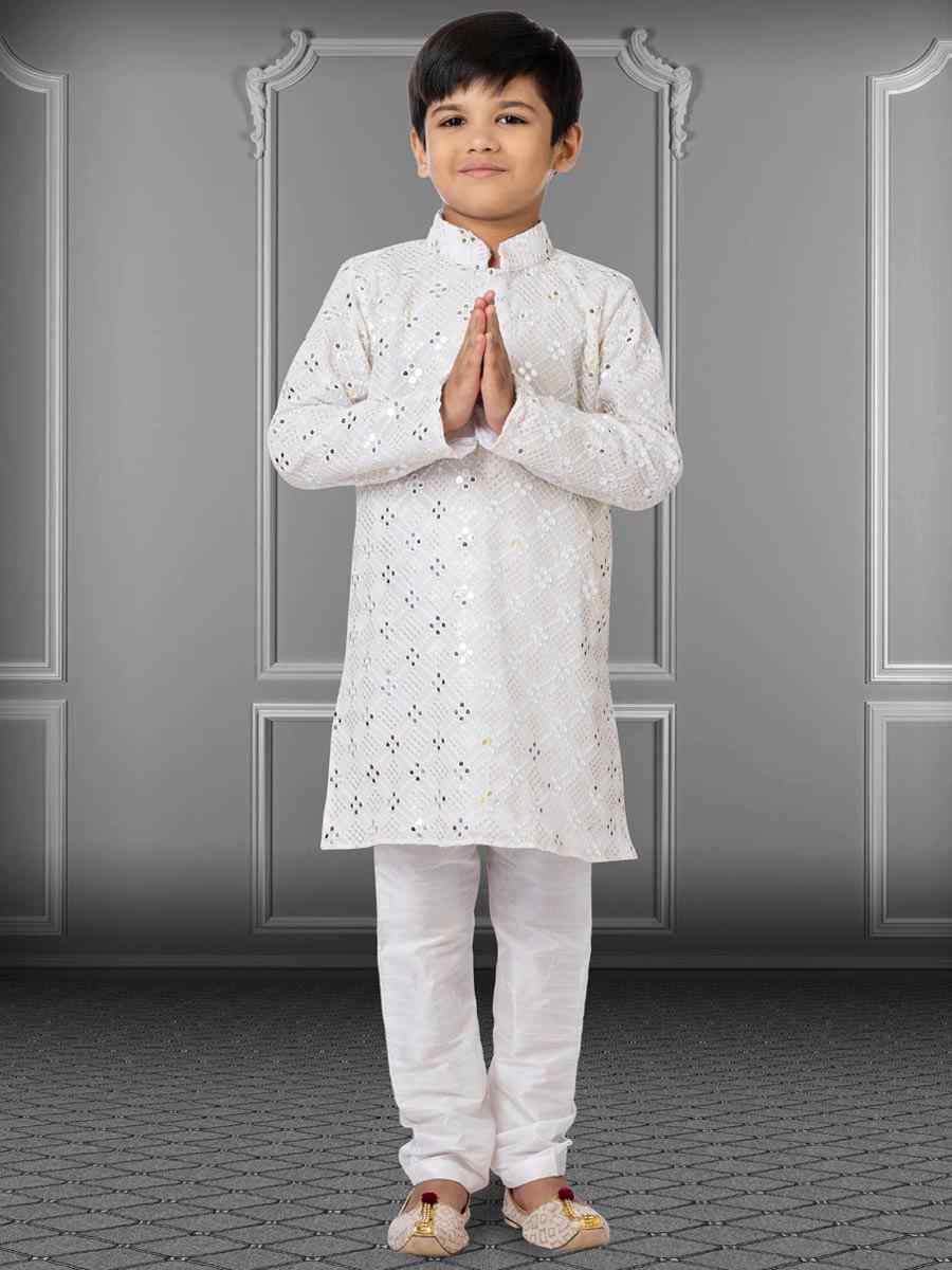 White Georgette Embroidered Festival Kurta Pyjama Boys Wear