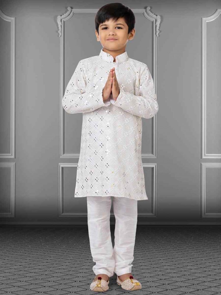 White Georgette Embroidered Festival Kurta Pyjama Boys Wear