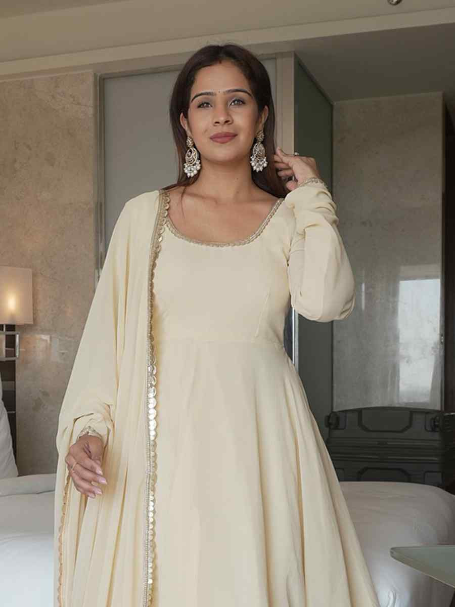 White Georgette Embroidered Festival Mehendi Ready Pant Salwar Kameez