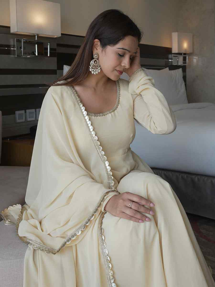 White Georgette Embroidered Festival Mehendi Ready Pant Salwar Kameez