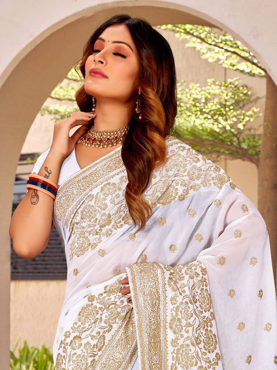 White Georgette Embroidered Festival Party Heavy Border Saree