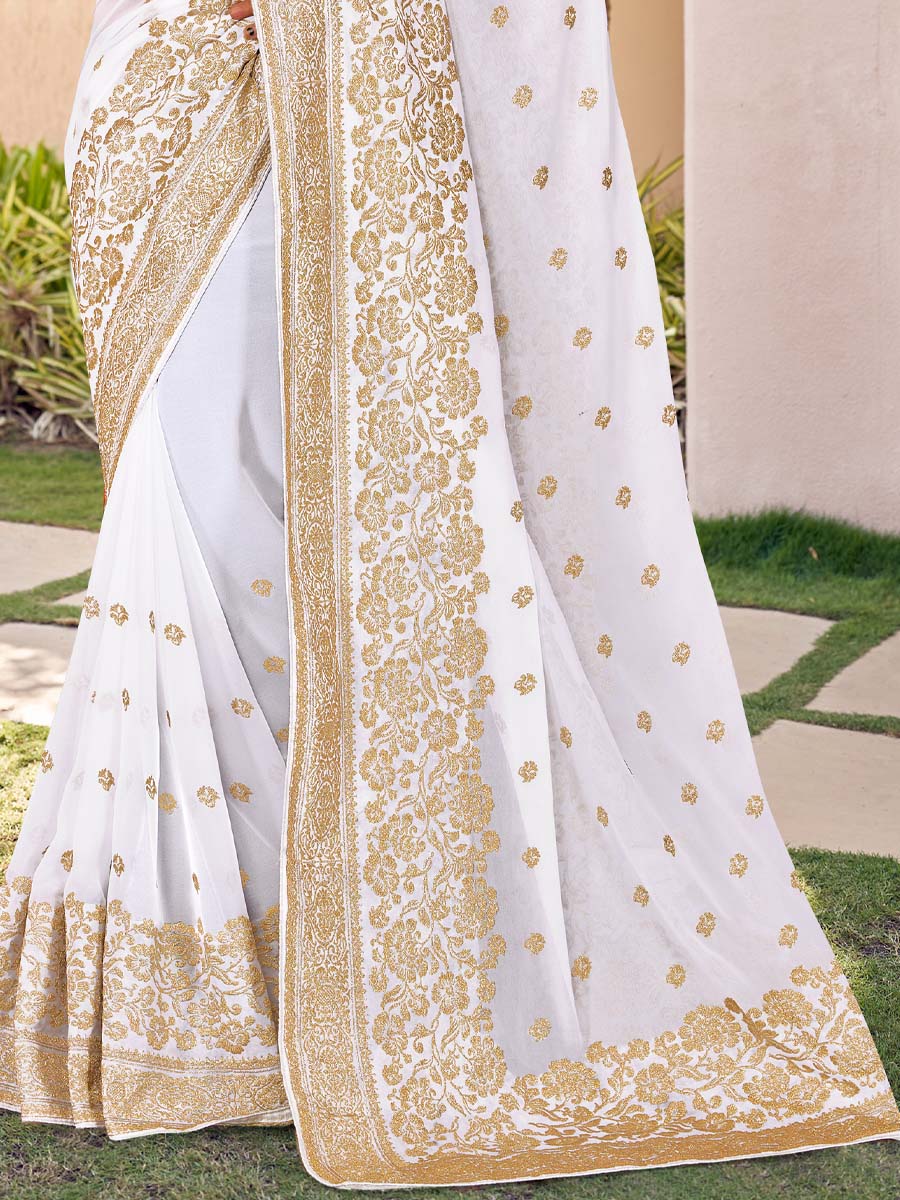 White Georgette Embroidered Festival Party Heavy Border Saree