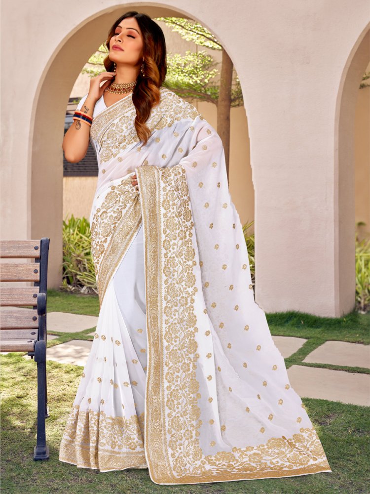 White Georgette Embroidered Festival Party Heavy Border Saree