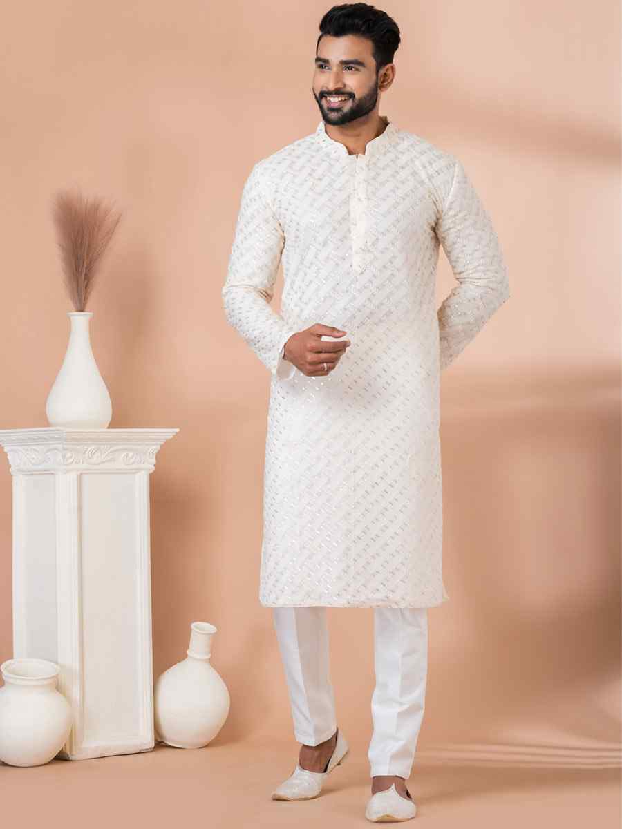 White Georgette Embroidered Festival Party Kurta