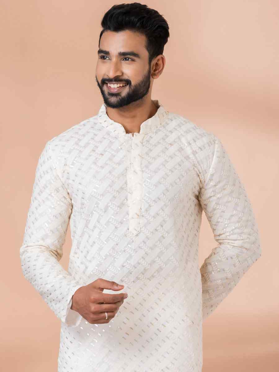 White Georgette Embroidered Festival Party Kurta
