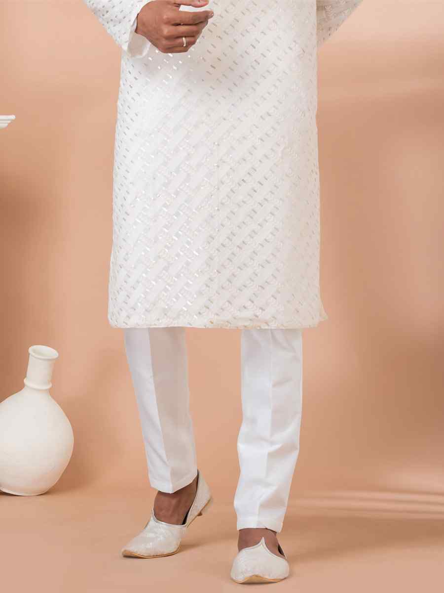 White Georgette Embroidered Festival Party Kurta