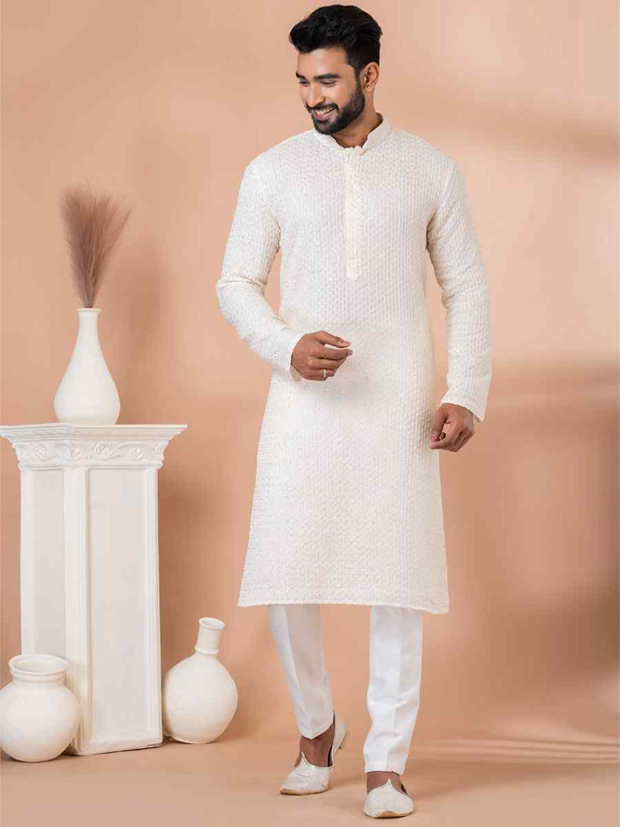 White Georgette Embroidered Festival Party Kurta