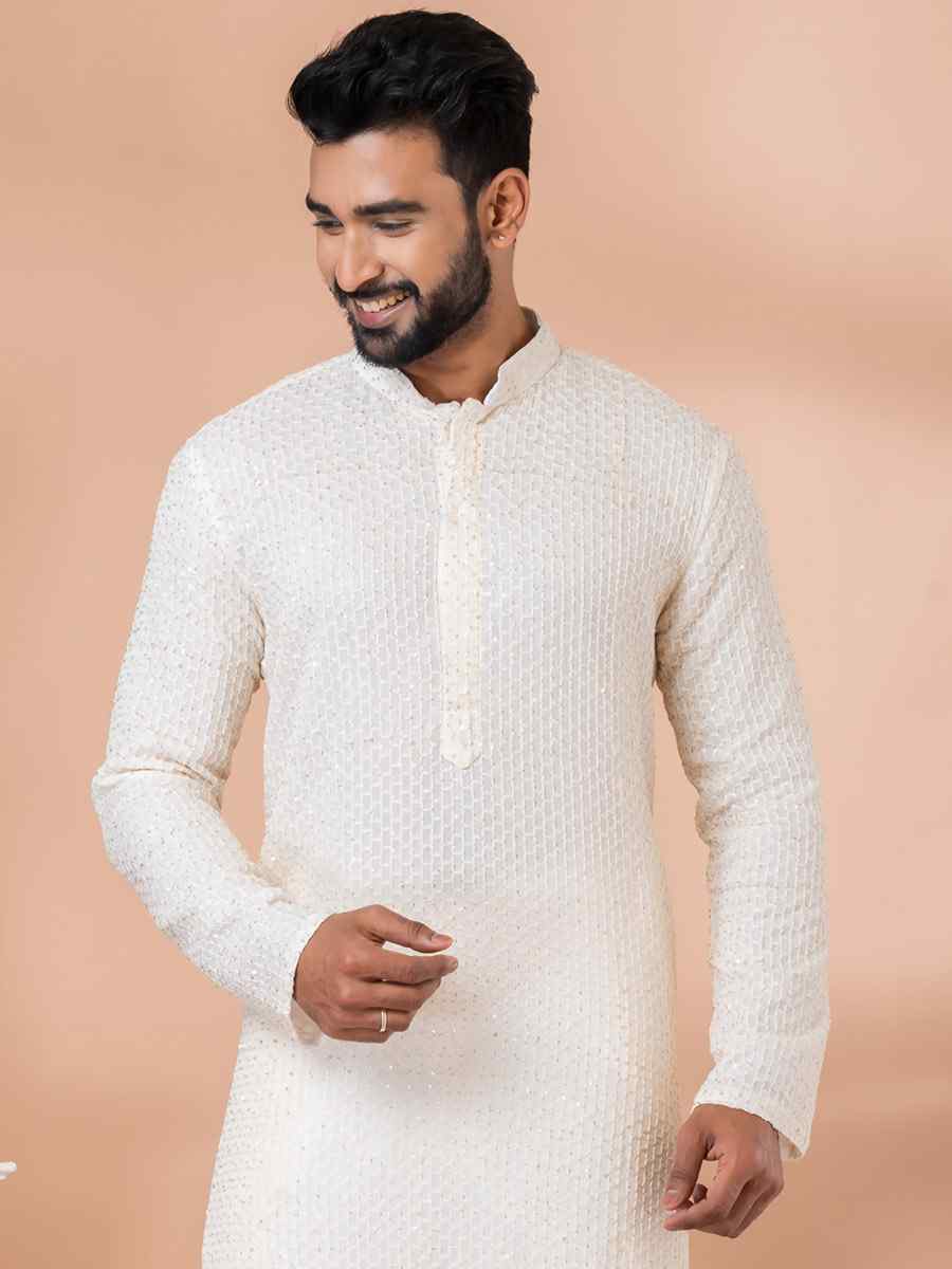 White Georgette Embroidered Festival Party Kurta