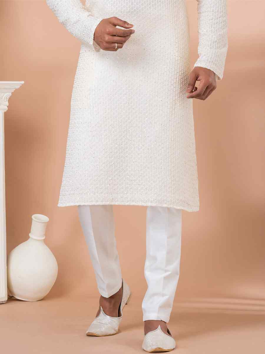 White Georgette Embroidered Festival Party Kurta